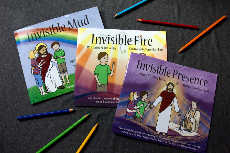 Photograph of the covers of three books in a series - Invisible Mud, Invisible Fire, and Invisible Presence.