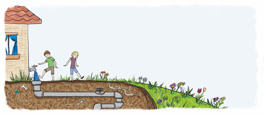 Illustration of two kids turning on a tap on the side of the house to wash their feet. We can see under the ground where the water drains away in pipes.