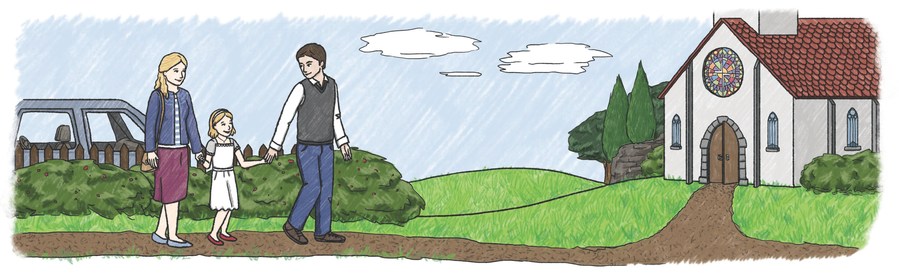 Illustration that spreads over two pages of a white heterosexual family with a daughter walking to a church. There is a car parked behind a bush and the church is in the distance.