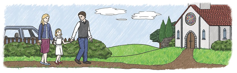 Illustration that spreads over two pages of a white heterosexual family with a daughter walking to a church. There is a car parked behind a bush and the church is in the distance.