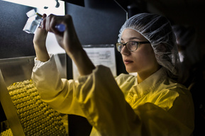 Environmental portraits and still life images taken at a biopharmaceutical lab.