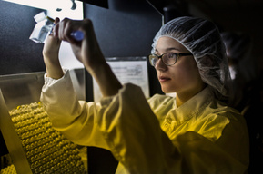Environmental portraits and still life images taken at a biopharmaceutical lab.