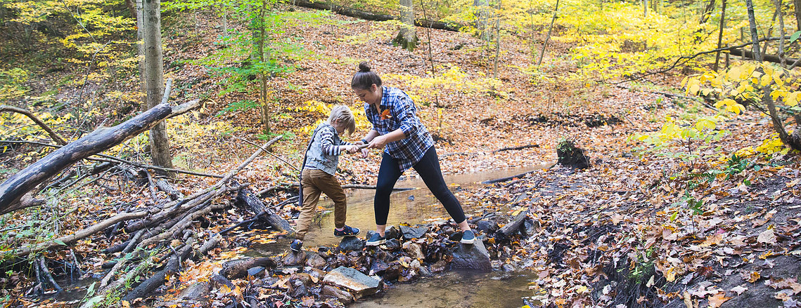 Mom and child playing in a creek