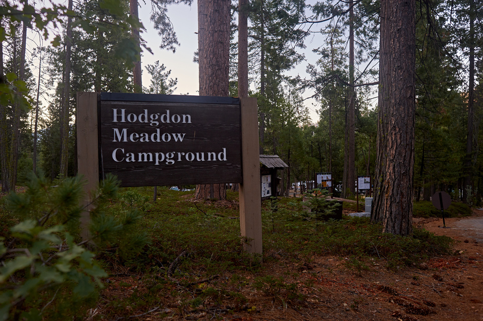 Hodgdon Meadow Campground sign in Yosemite.