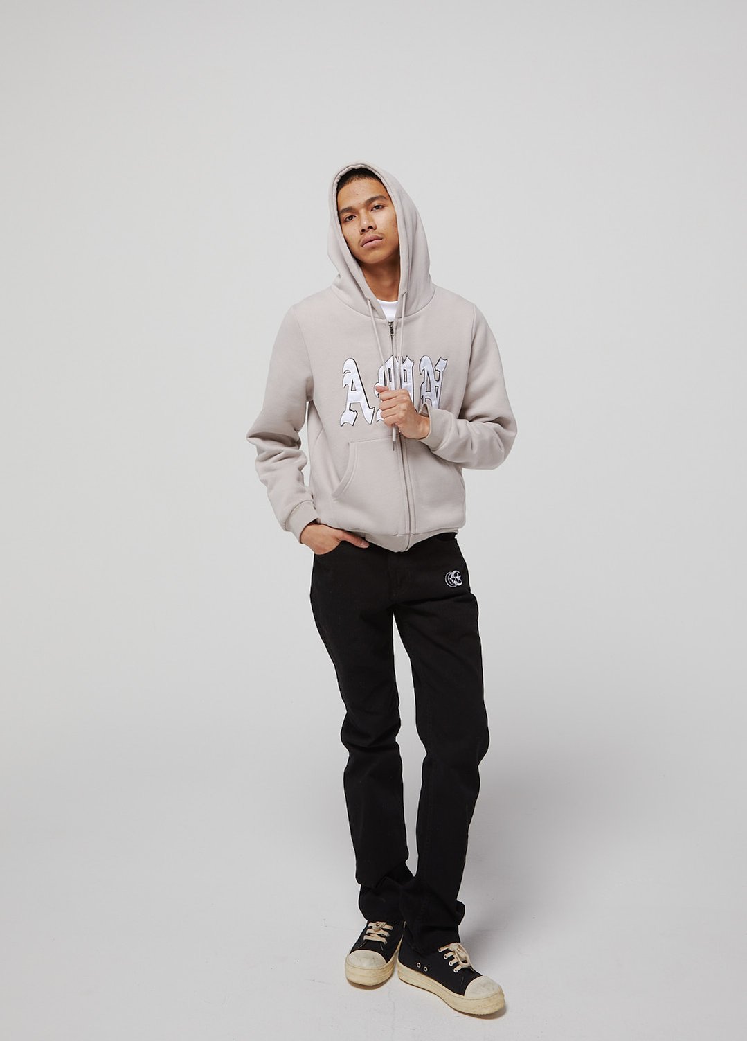Grey AMN luxury premium cut and sew zip up hoodie.