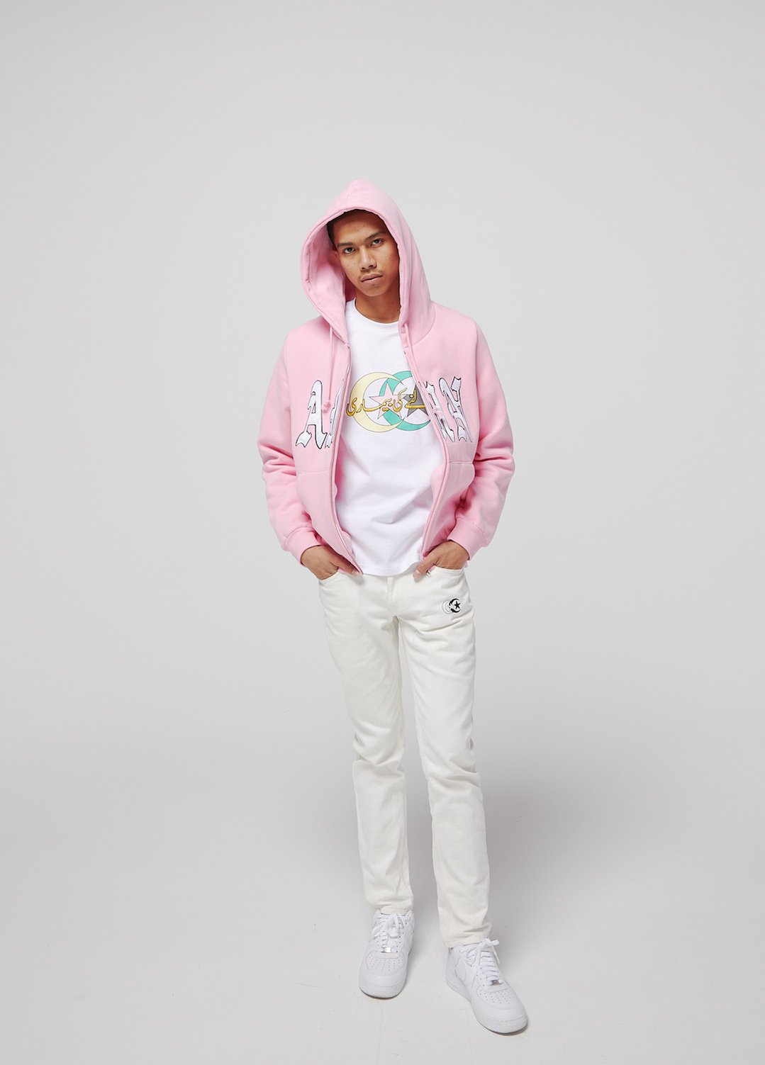 Pink AMN luxury premium cut and sew zip up hoodie.