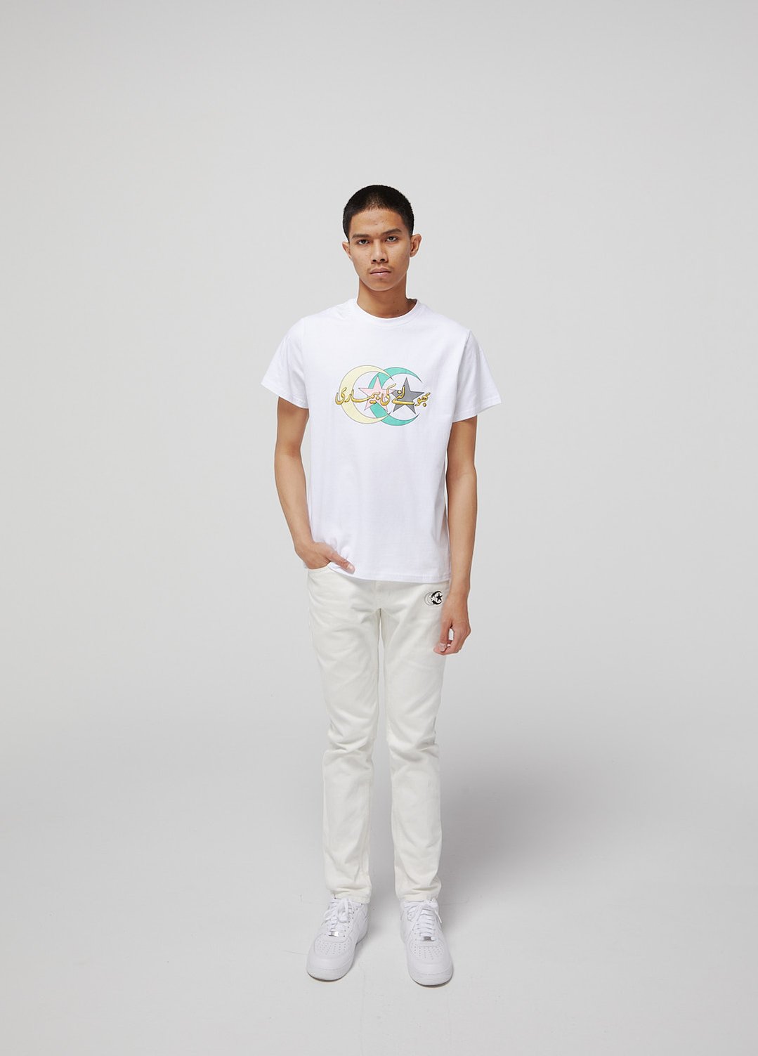 White AMN Double Logo luxury premium cut and sew t-shirt.