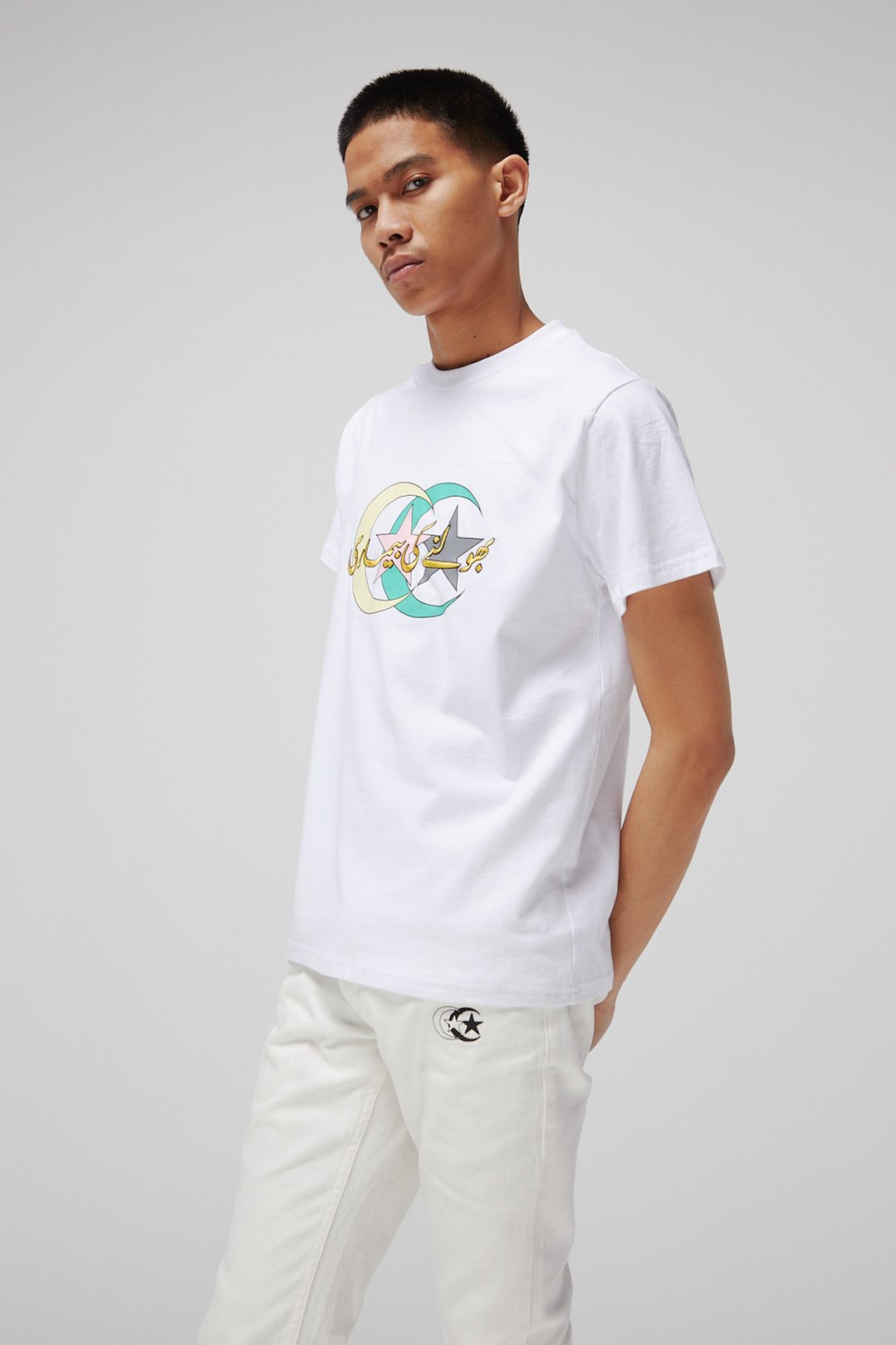 White AMN Double Logo luxury premium cut and sew t-shirt.