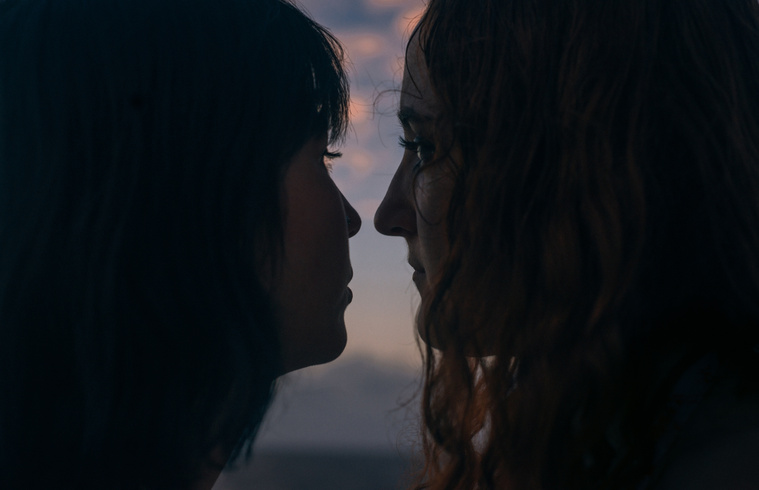 Silhouetted girls faces look toward distant ocean sunset