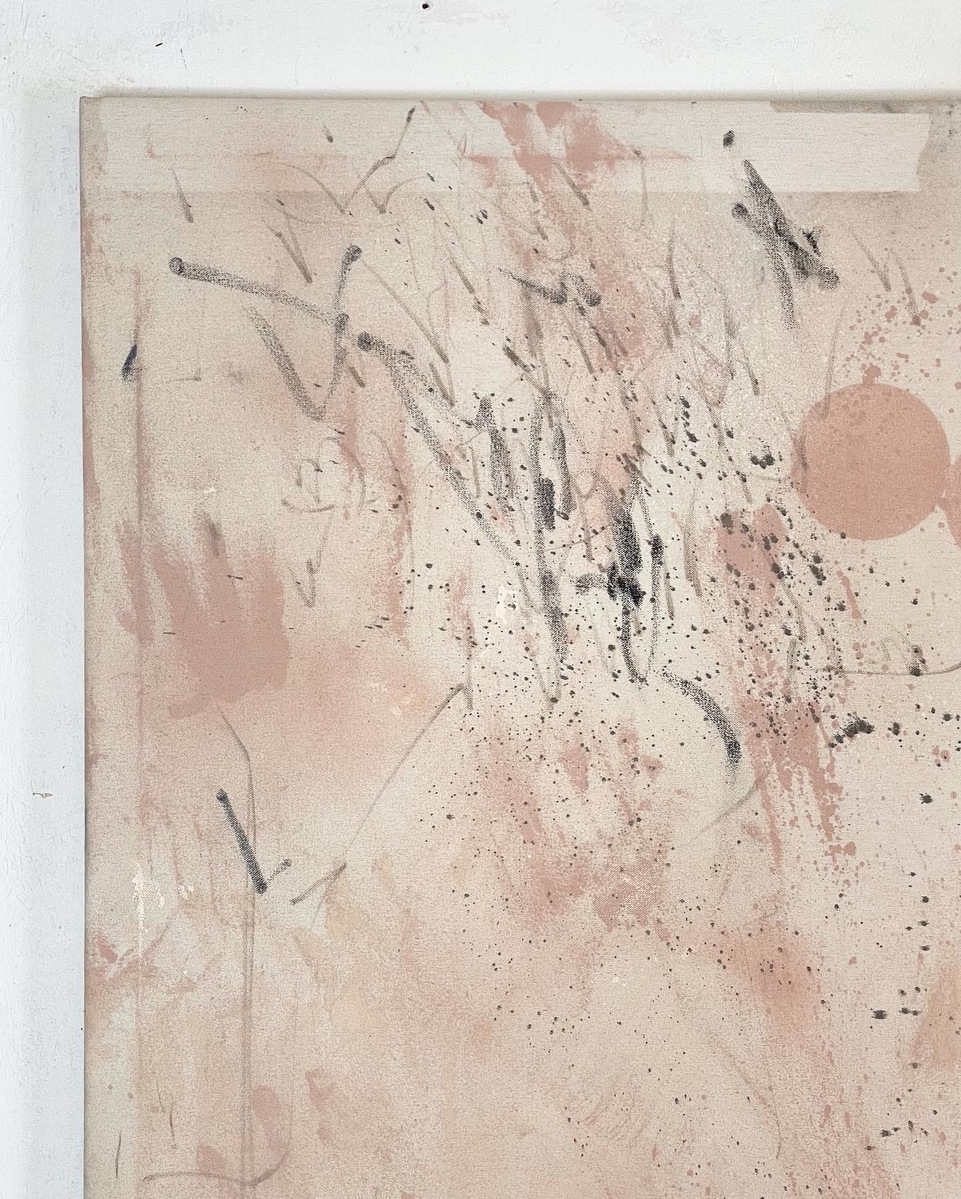 Chair et Glauque 3 (diptych), 2022 | Right: acrylic paint, acrylic spray, soft pastel, oil pastel and charcoal on raw cotton, 160 x 120 cm | Left: acrylic spray on raw birchwood, 34 x 29 cm