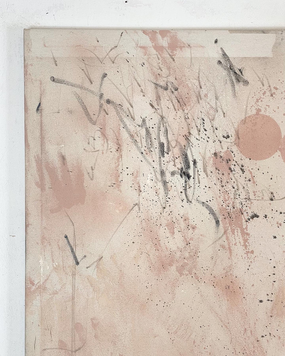 Chair et Glauque 3 (diptych), 2022 | Right: acrylic paint, acrylic spray, soft pastel, oil pastel and charcoal on raw cotton, 160 x 120 cm | Left: acrylic spray on raw birchwood, 34 x 29 cm