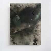 Schwarzgrün 5, 2022 | Acrylic paint, acrylic spray, soft pastel, oil pastel, and charcoal on raw cotton | 160 x 120 cm