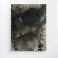 Schwarzgrün 5, 2022 | Acrylic paint, acrylic spray, soft pastel, oil pastel, and charcoal on raw cotton | 160 x 120 cm