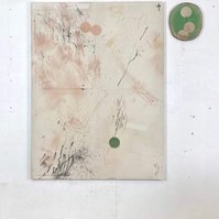 Alejandro Javaloyas - Chair et Glauque 3 (diptych), 2022 | Right: acrylic paint, acrylic spray, soft pastel, oil pastel and charcoal on raw cotton, 160 x 120 cm | Left: acrylic spray on raw birchwood, 34 x 29 cm