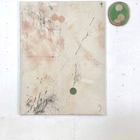 Alejandro Javaloyas - Chair et Glauque 3 (diptych), 2022 | Right: acrylic paint, acrylic spray, soft pastel, oil pastel and charcoal on raw cotton, 160 x 120 cm | Left: acrylic spray on raw birchwood, 34 x 29 cm