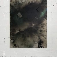 Schwarzgrün 5, 2022 | Acrylic paint, acrylic spray, soft pastel, oil pastel, and charcoal on raw cotton | 160 x 120 cm