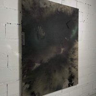 Schwarzgrün 5, 2022 | Acrylic paint, acrylic spray, soft pastel, oil pastel, and charcoal on raw cotton | 160 x 120 cm