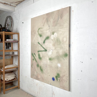 Alejandro Javaloyas - Glauque et cobalt, 2022 | Acrylic paint, acrylic spray, soft pastel, oil pastel, charcoal, and plastic foil on raw cotton | 160 x 120 cm
