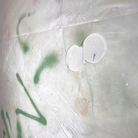 Glauque et cobalt, 2022 | Acrylic paint, acrylic spray, soft pastel, oil pastel, charcoal, and plastic foil on raw cotton | 160 x 120 cm