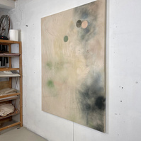 Alejandro Javaloyas - Plastique perforé 2, 2022 | Acrylic paint, acrylic spray, soft pastel, oil pastel, charcoal, and plastic foil on raw cotton | 160 x 120 cm