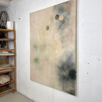 Alejandro Javaloyas - Plastique perforé 2, 2022 | Acrylic paint, acrylic spray, soft pastel, oil pastel, charcoal, and plastic foil on raw cotton | 160 x 120 cm