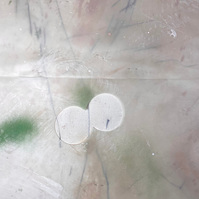 Glauque et cobalt, 2022 | Acrylic paint, acrylic spray, soft pastel, oil pastel, charcoal, and plastic foil on raw cotton | 160 x 120 cm