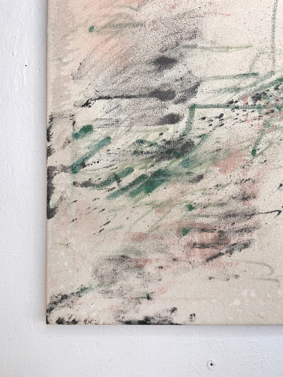 Chair et glauque 4, 2022 | Acrylic paint, acrylic spray, soft pastel, oil pastel, and charcoal on raw cotton | 120 x 160 cm
