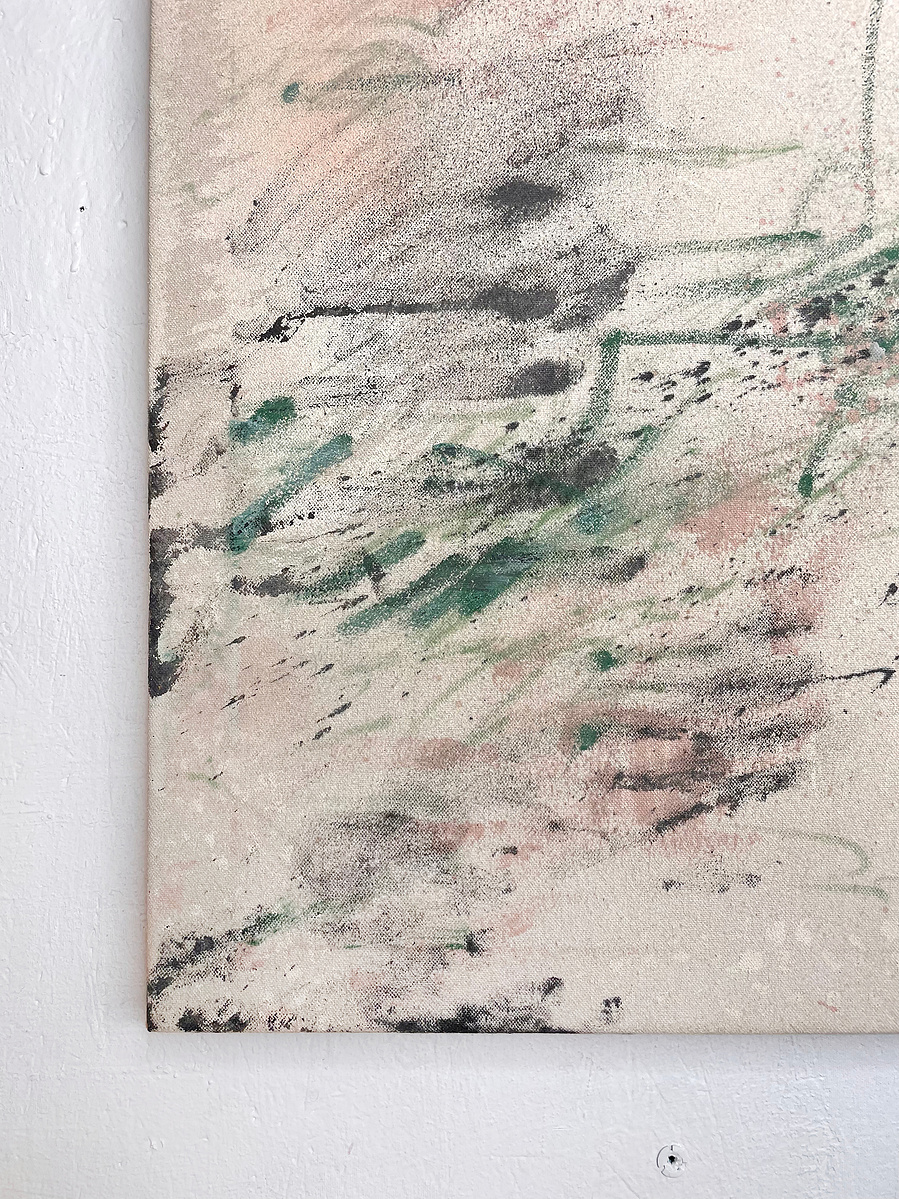 Chair et glauque 4, 2022 | Acrylic paint, acrylic spray, soft pastel, oil pastel, and charcoal on raw cotton | 120 x 160 cm