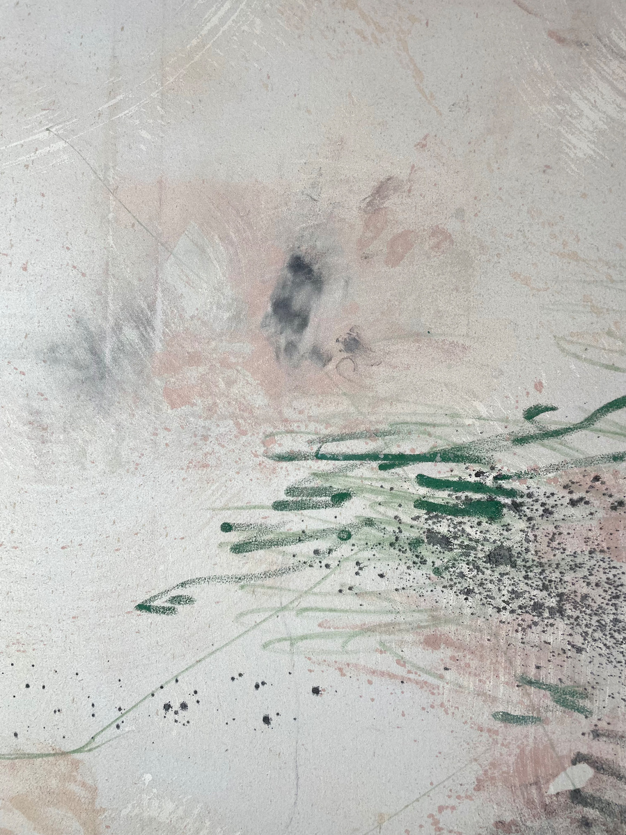 Chair et glauque 4, 2022 | Acrylic paint, acrylic spray, soft pastel, oil pastel, and charcoal on raw cotton | 120 x 160 cm