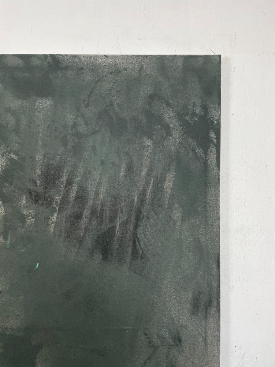 Schwarzgrün, 2022 | Acrylic paint, acrylic spray, soft pastel, oil pastel, and charcoal on raw cotton | 200 x 150 cm