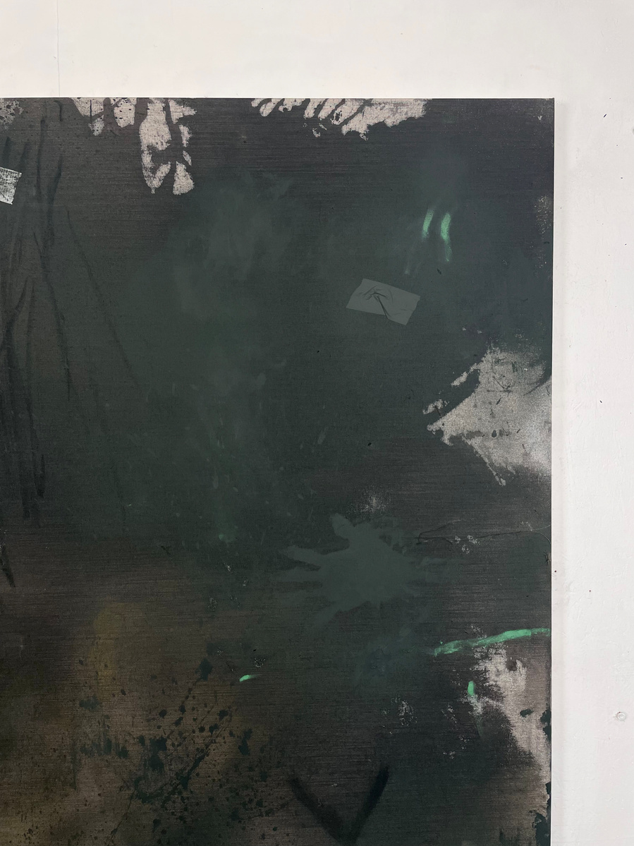 Schwarzgrün 2, 2022 | Acrylic paint, acrylic spray, soft pastel, oil pastel, and charcoal on raw cotton | 200 x 150 cm