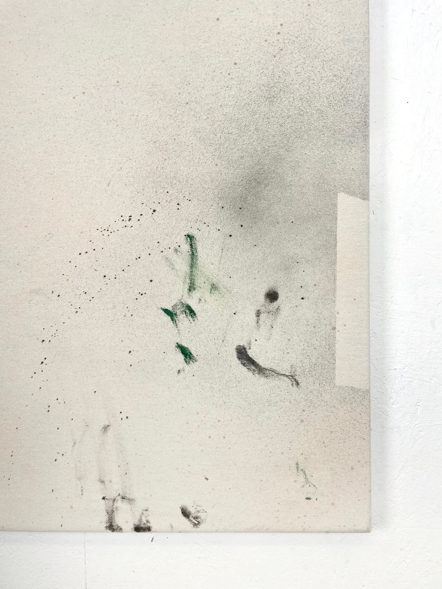 Tache noire fendue, 2022 | Acrylic paint, acrylic spray, soft pastel, oil pastel, and charcoal on raw cotton | 130 x 80 cm