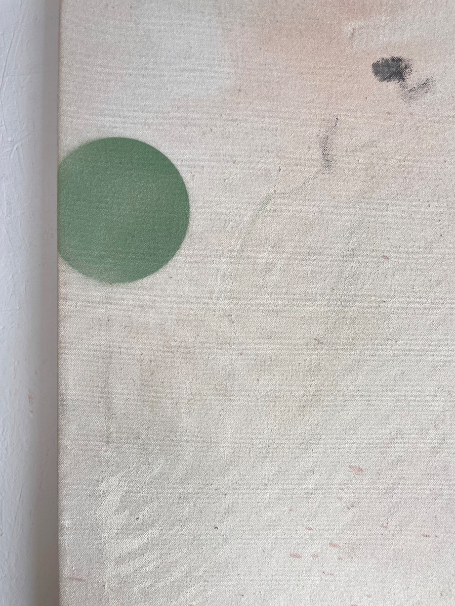 Chair et glauque 4, 2022 | Acrylic paint, acrylic spray, soft pastel, oil pastel, and charcoal on raw cotton | 120 x 160 cm