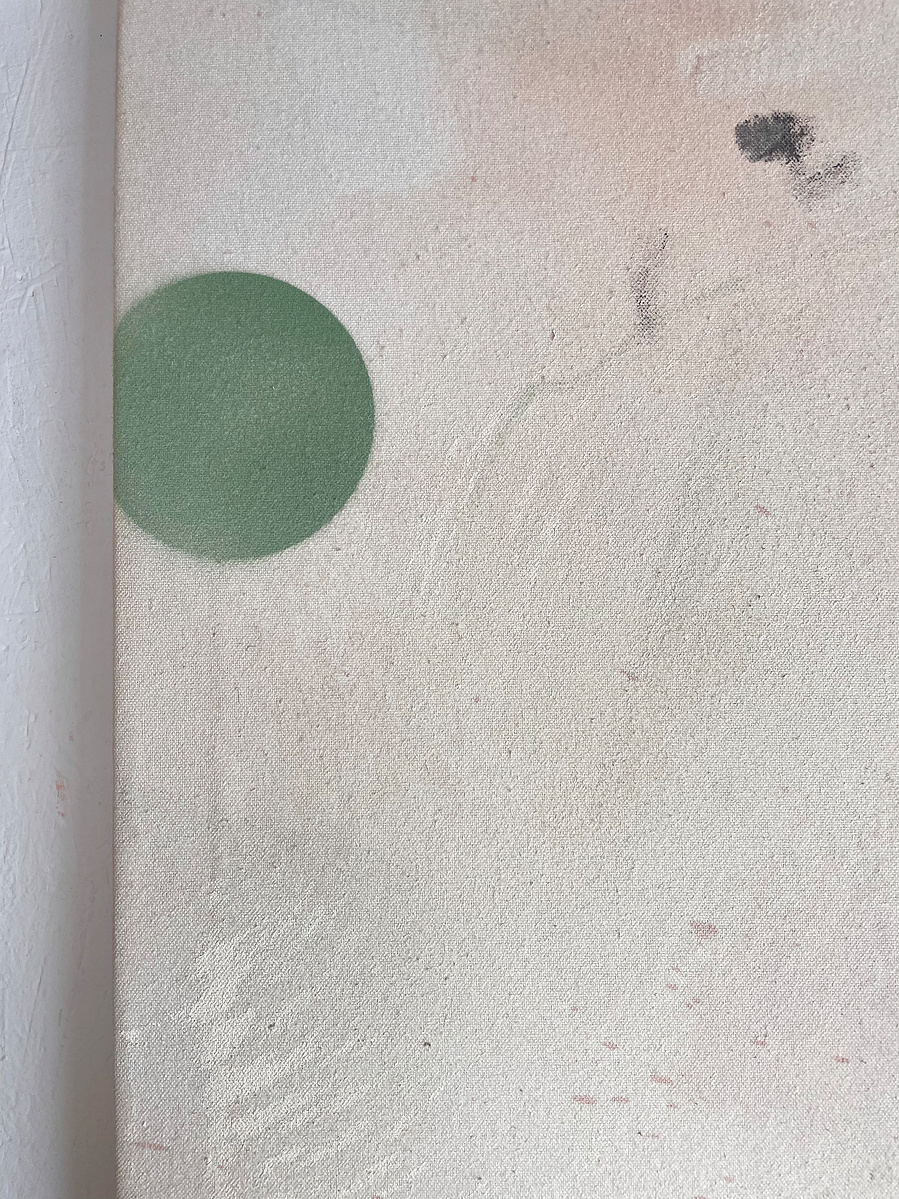 Chair et glauque 4, 2022 | Acrylic paint, acrylic spray, soft pastel, oil pastel, and charcoal on raw cotton | 120 x 160 cm
