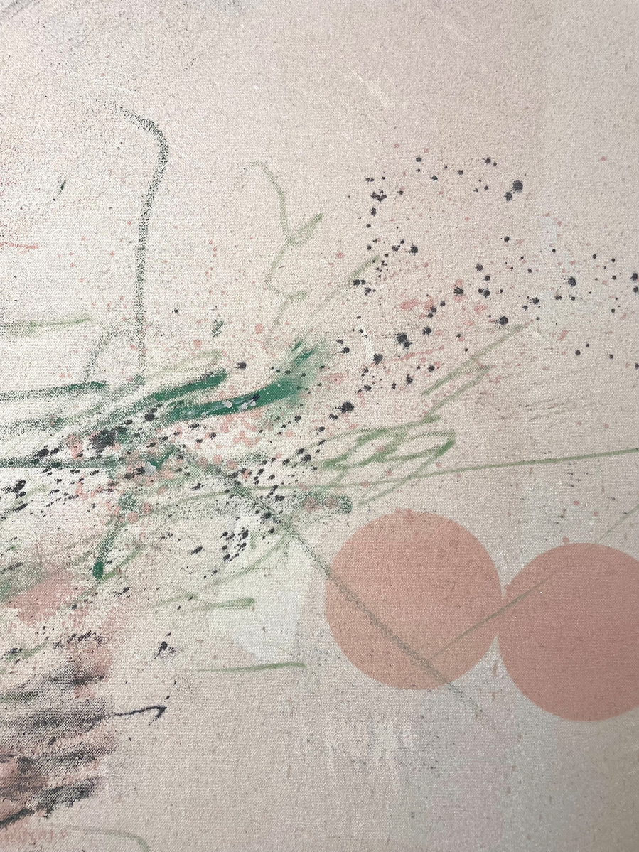 Chair et glauque 4, 2022 | Acrylic paint, acrylic spray, soft pastel, oil pastel, and charcoal on raw cotton | 120 x 160 cm