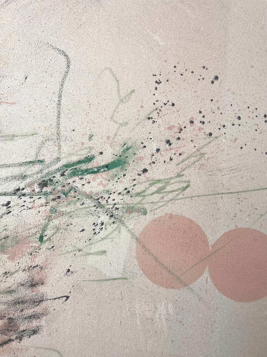 Chair et glauque 4, 2022 | Acrylic paint, acrylic spray, soft pastel, oil pastel, and charcoal on raw cotton | 120 x 160 cm