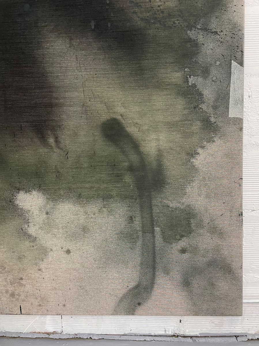Schwarzgrün 4, 2022 | Acrylic paint, acrylic spray, soft pastel, oil pastel, and charcoal on raw cotton | 200 x 150 cm