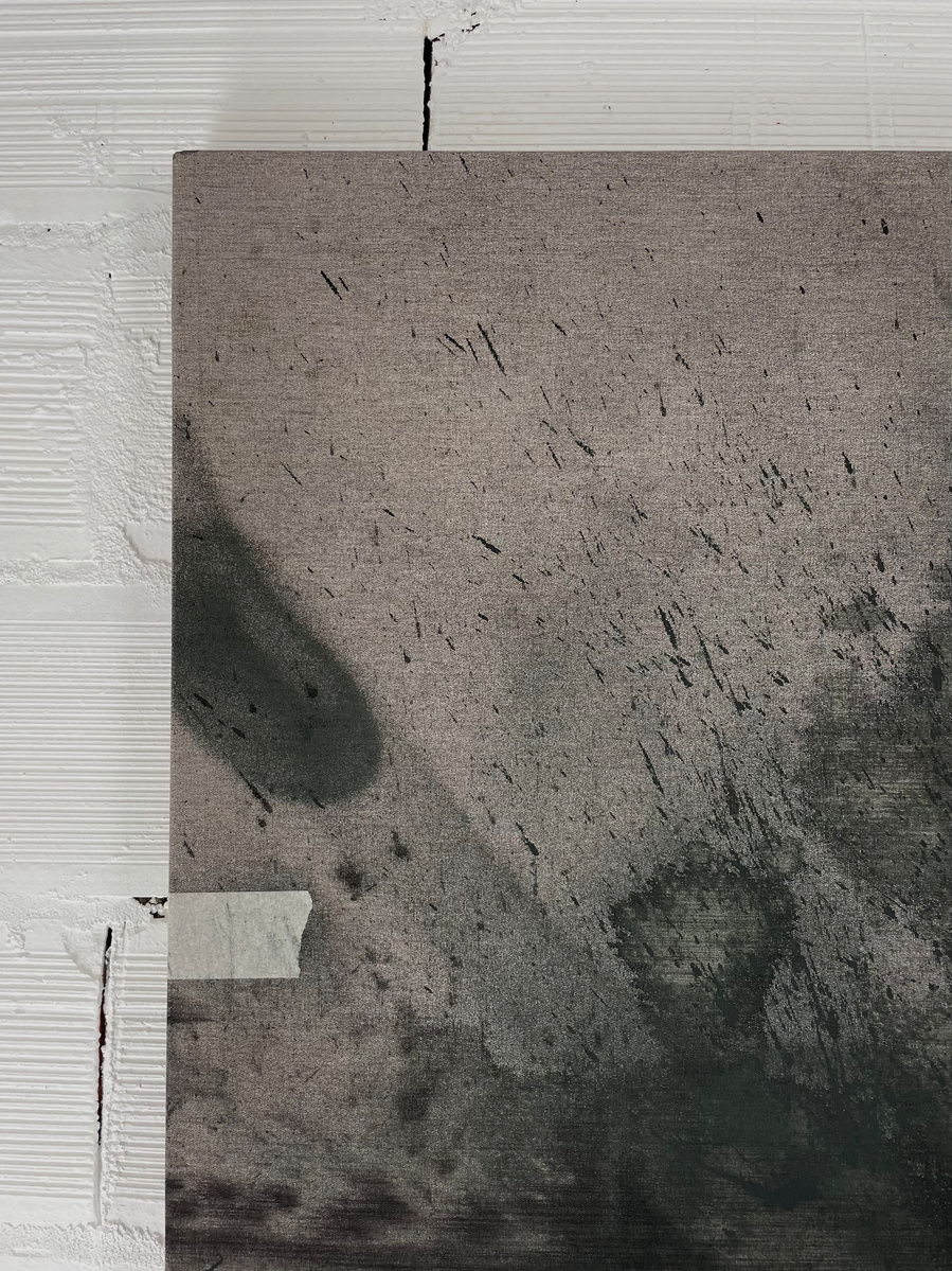 Schwarzgrün 3, 2022 | Acrylic paint, acrylic spray, soft pastel, oil pastel, and charcoal on raw cotton | 200 x 150 cm