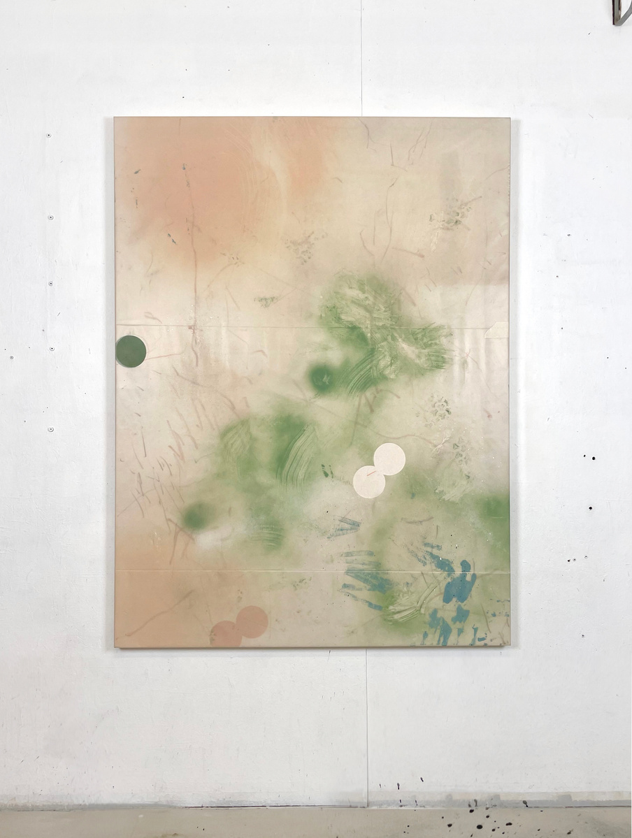Alejandro Javaloyas - Plastique perforé 3, 2022 | Acrylic paint, acrylic spray, soft pastel, oil pastel, charcoal, and plastic foil on raw cotton | 160 x 120 cm