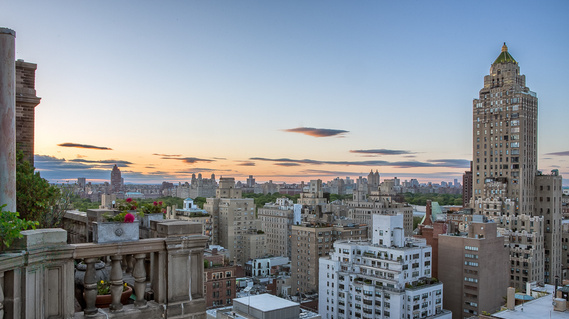 Sunset over Manhattan residential buildings and the Carlyle Hotel