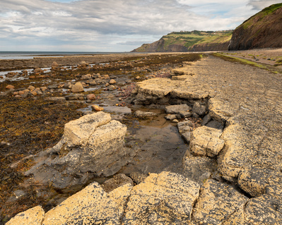 The headland of Ravenscar seen from the wave cut platform near Boggle Hole, North Yorkshire. A photograph by Tim Pearson