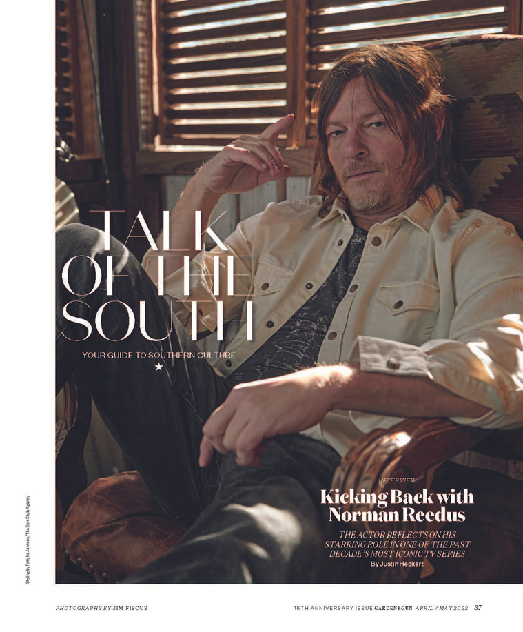 Walking Dead actor Norman Reedus , on the cover of Garden and Gun Magazine, styled by Atlanta Fashion Wardrobe Stylist Fatiyha Johnson
