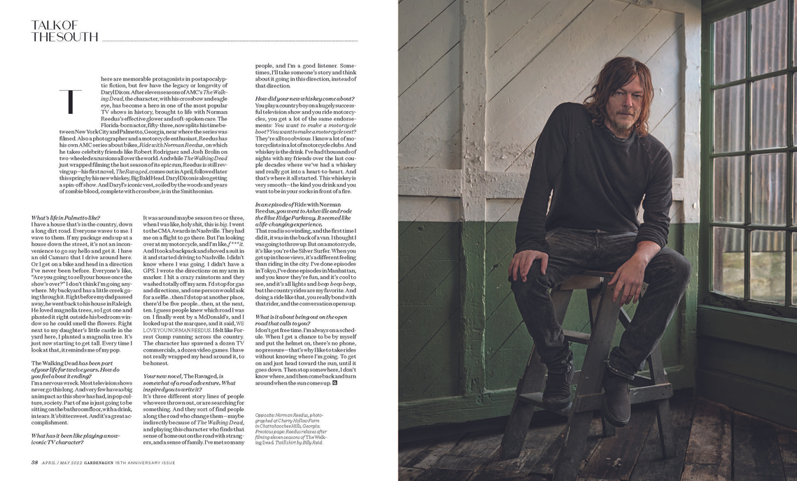 Walking Dead actor Norman Reedus , on the cover of Garden and Gun Magazine, styled by Atlanta Fashion Wardrobe Stylist Fatiyha Johnson