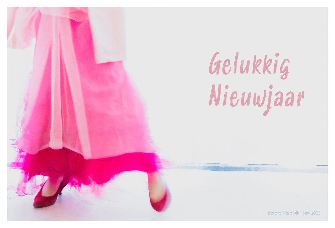gelukkig nieuwjaar, uitsnede van vrouw in roze jurk met rode schoenen beweegt over vloer, Barbra Verbij fotograaf Leiden, Portret Fotografie 