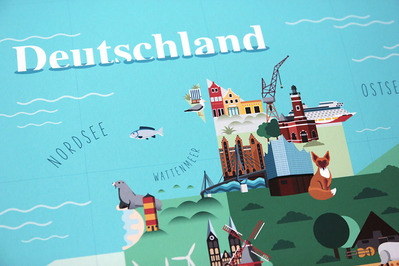 Close up of an illustrated map of Germany showing detailed landmarks