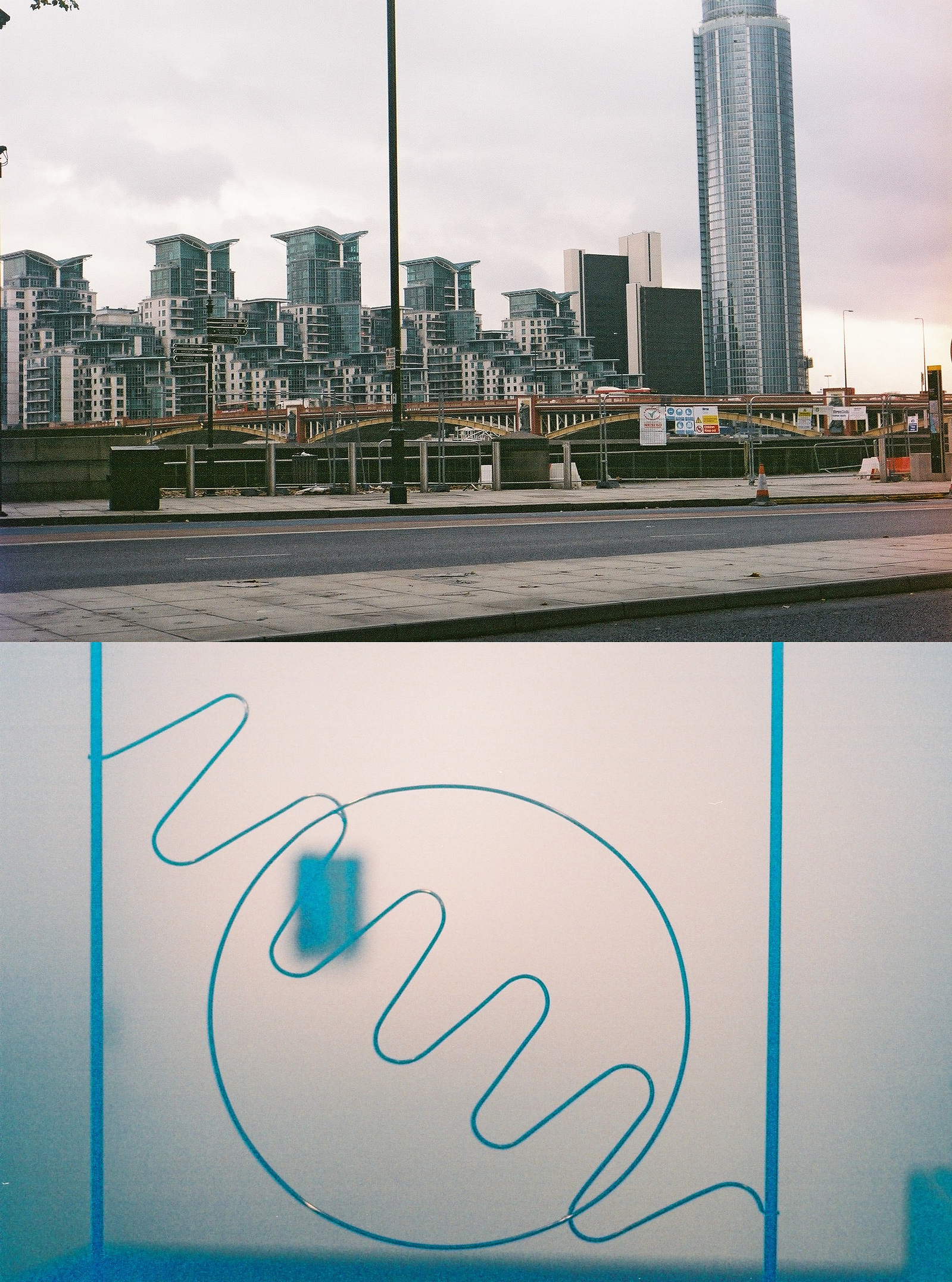 View of the city and an artwork.