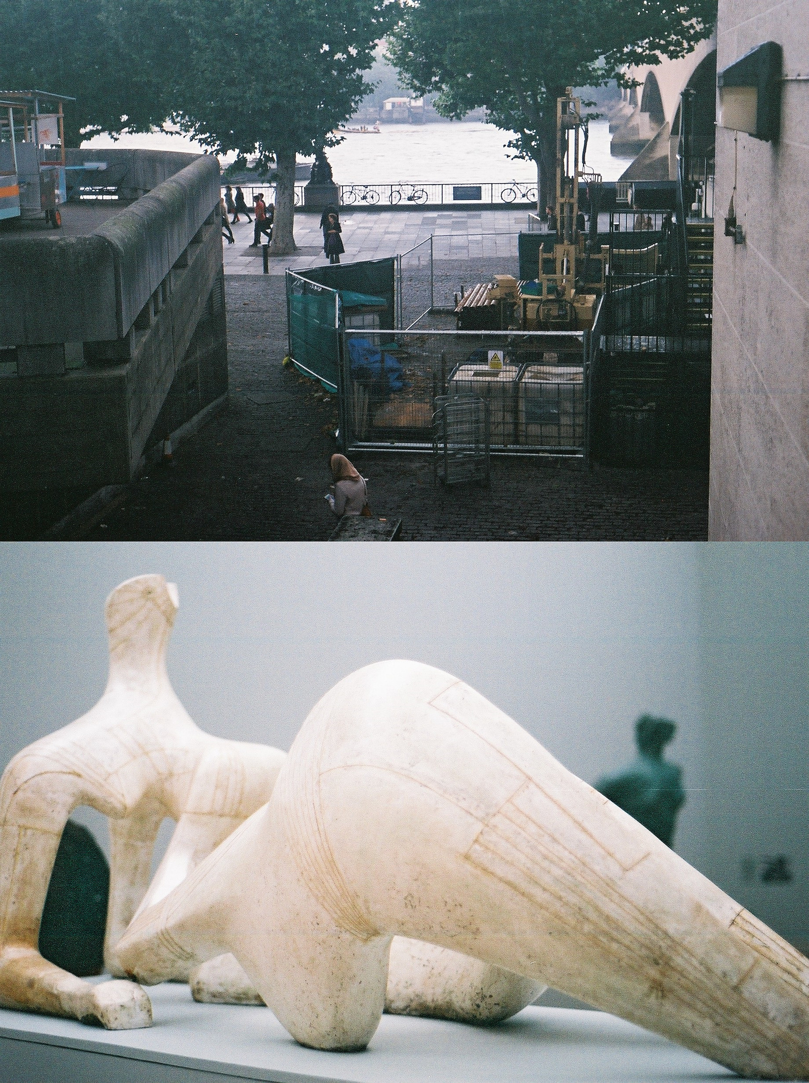 Sculpture by Henry Moore and view from the top of steps in London.