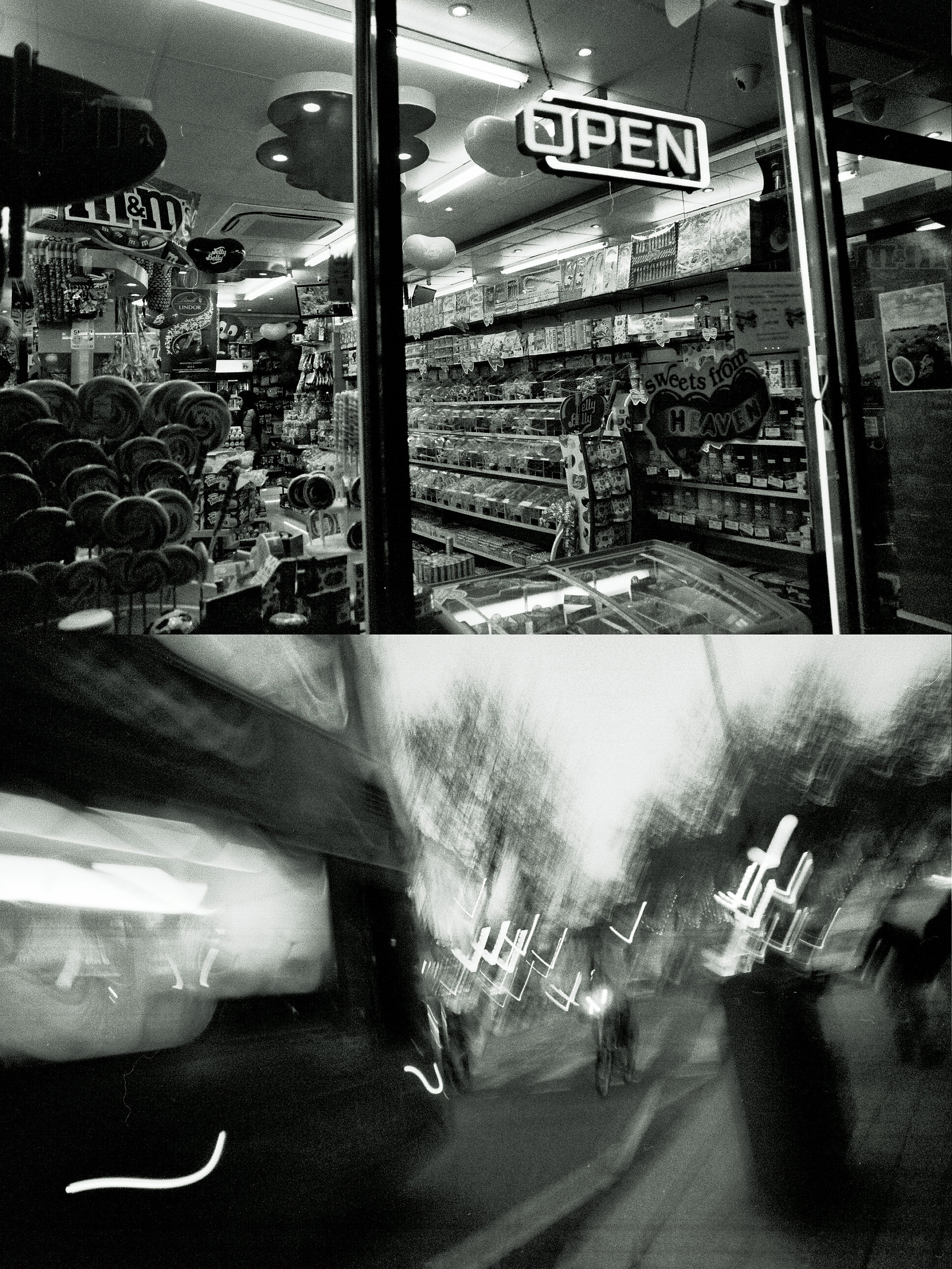 Shop window and blurred vehicle juxtaposed.