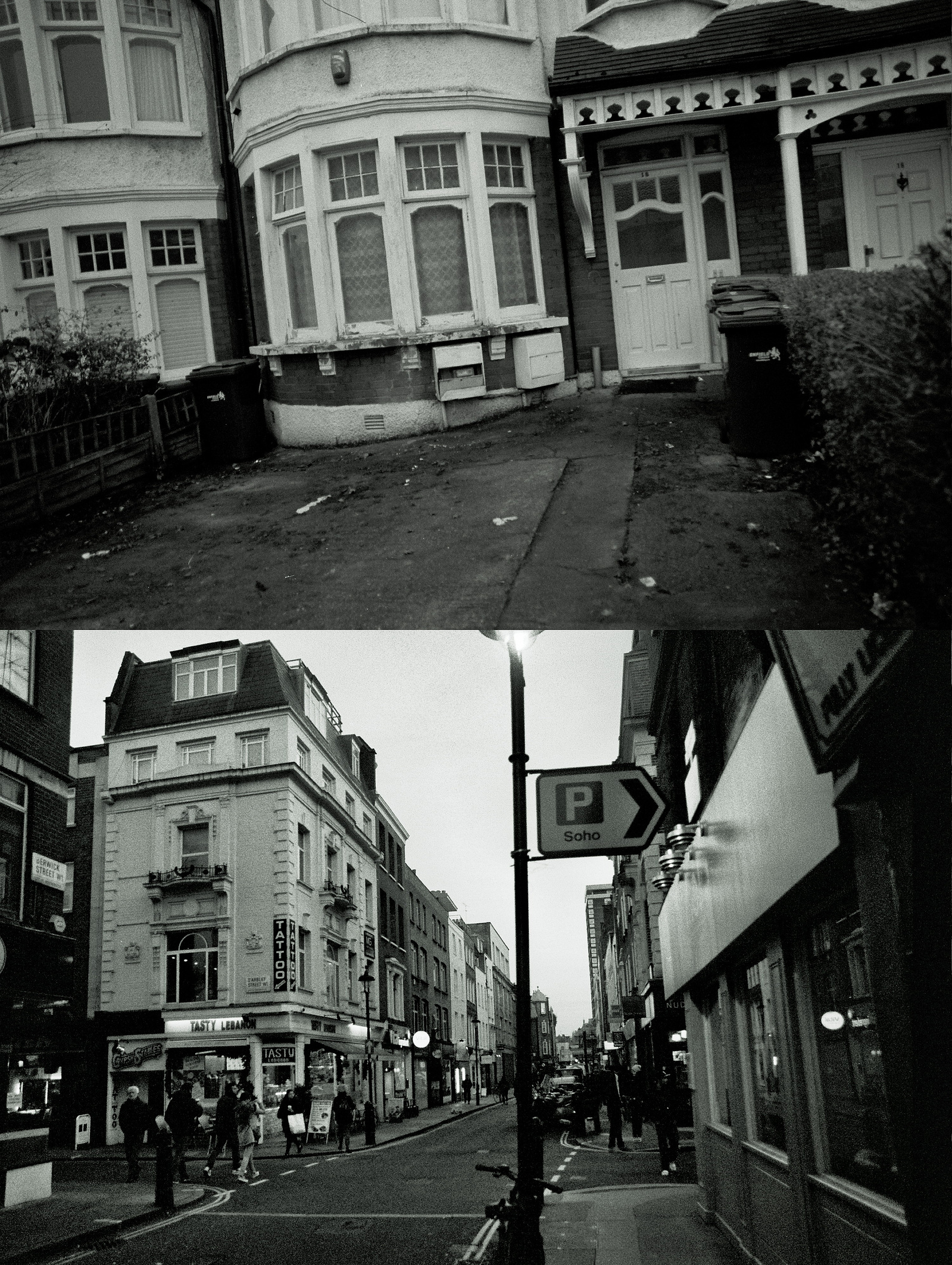 House front and city street juxtaposed, black and white photographs of each.