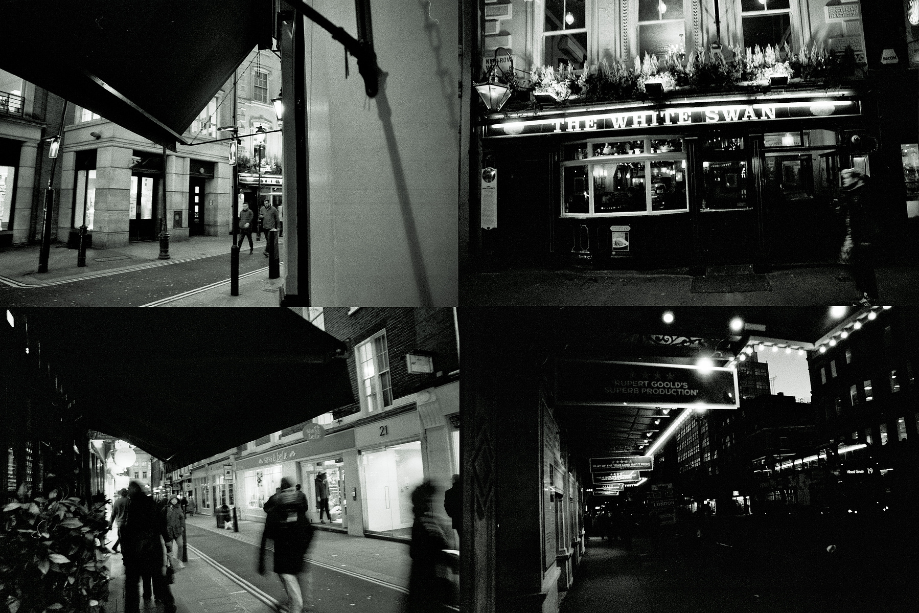 Four black and white photos merged together. Photos taken in London at night.